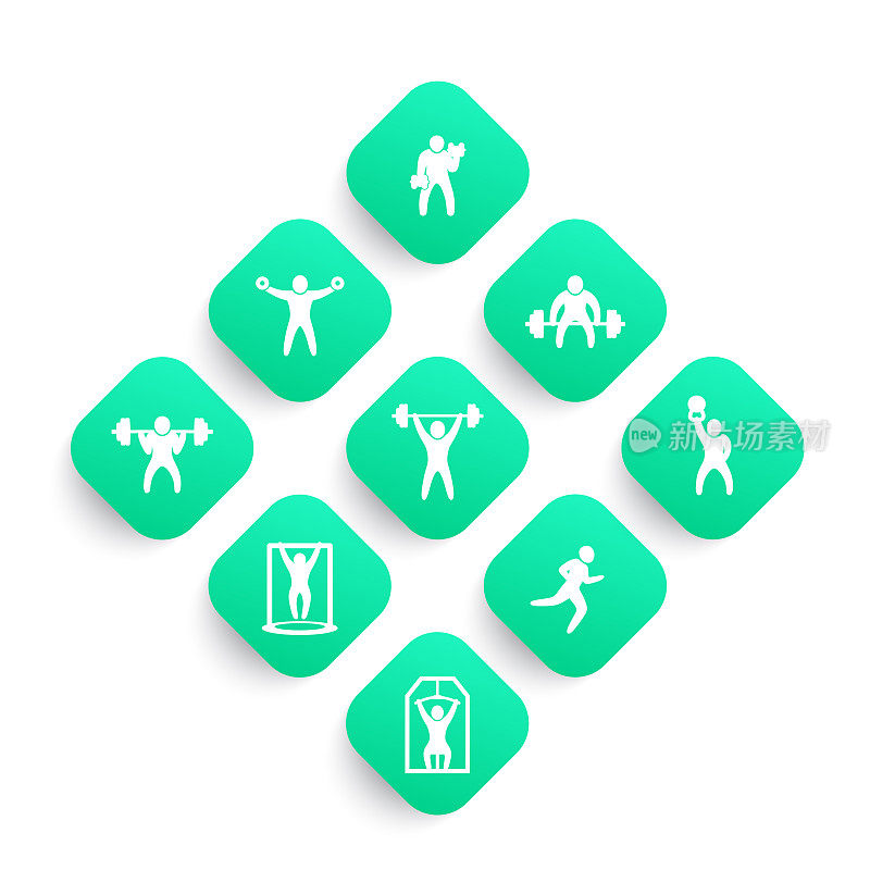Gym, fitness exercises icons set, workout, training, bodybuilding, weightlifting